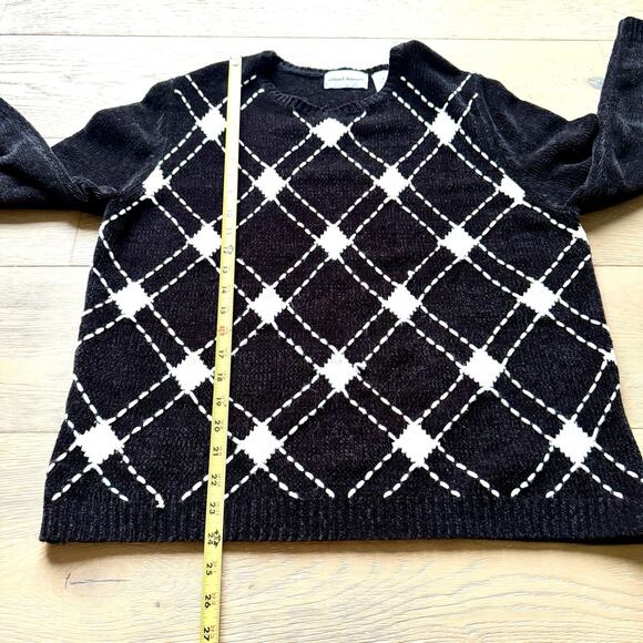 90s Black White Womens Argyle Sweater Large Alfred Dunner Preppy Whimseygoth - Picture 5 of 6